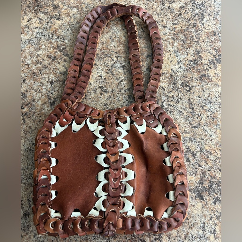 Vintage 1970s Crochet/Woven/Chain Leather Purse - rare find. Boho hippie